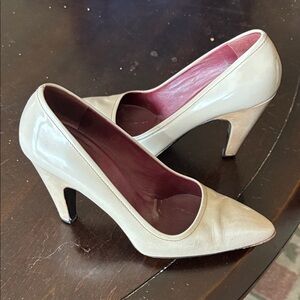 Prada Cream Patent Pointed-Toe Pumps with Burgundy Lining